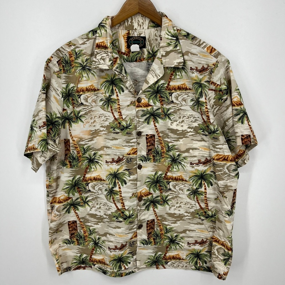 Hawaiian Reserve Collection Short Sleeve Button Shirt Men's XL Beige‎ Palm Tree